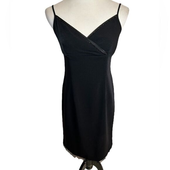 Ann Taylor LOFT Sexy Vneck Spaghetti Strap Sleeveless Black Mini Dress Fringe - Picture 1 of 7